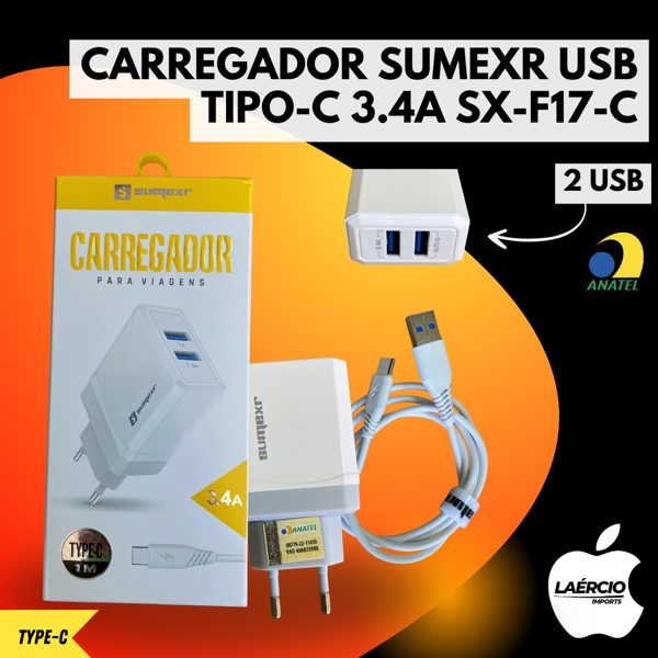 CARREGADOR SUMEXR USB TIPO-C 3.4A SX-F17-C