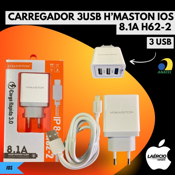 CARREGADOR 3USB H’MASTON IOS 8.1A H62-2