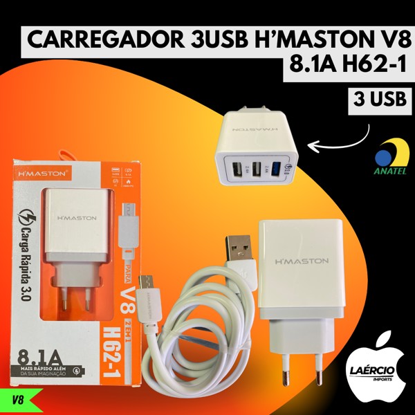 CARREGADOR 3USB H’MASTON V8 8.1A H62-1